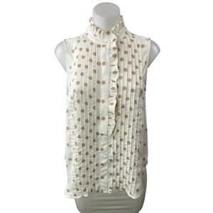 Ann Taylor White Polka Dot Pleated Ruffle Mock Neck Sleeveless Tank Blouse Top S